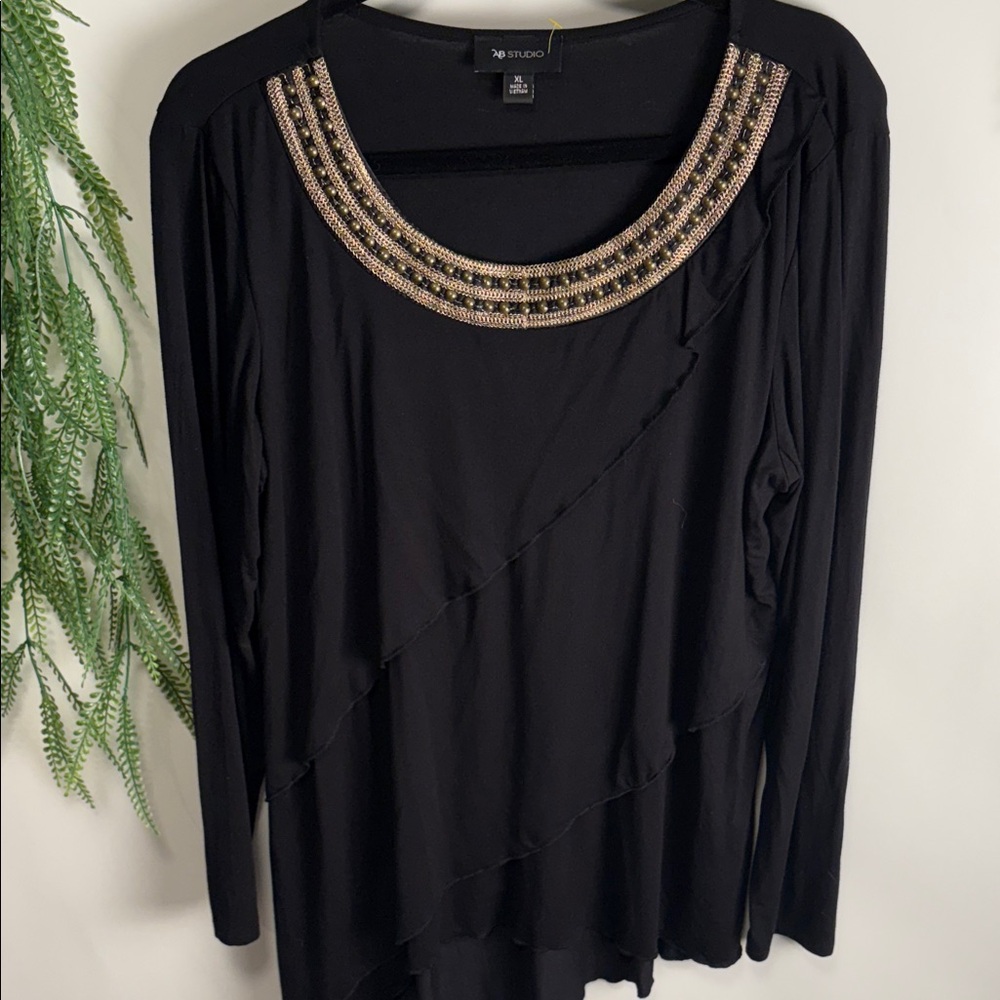 Studio Black Top with Gold Beaded Neckline